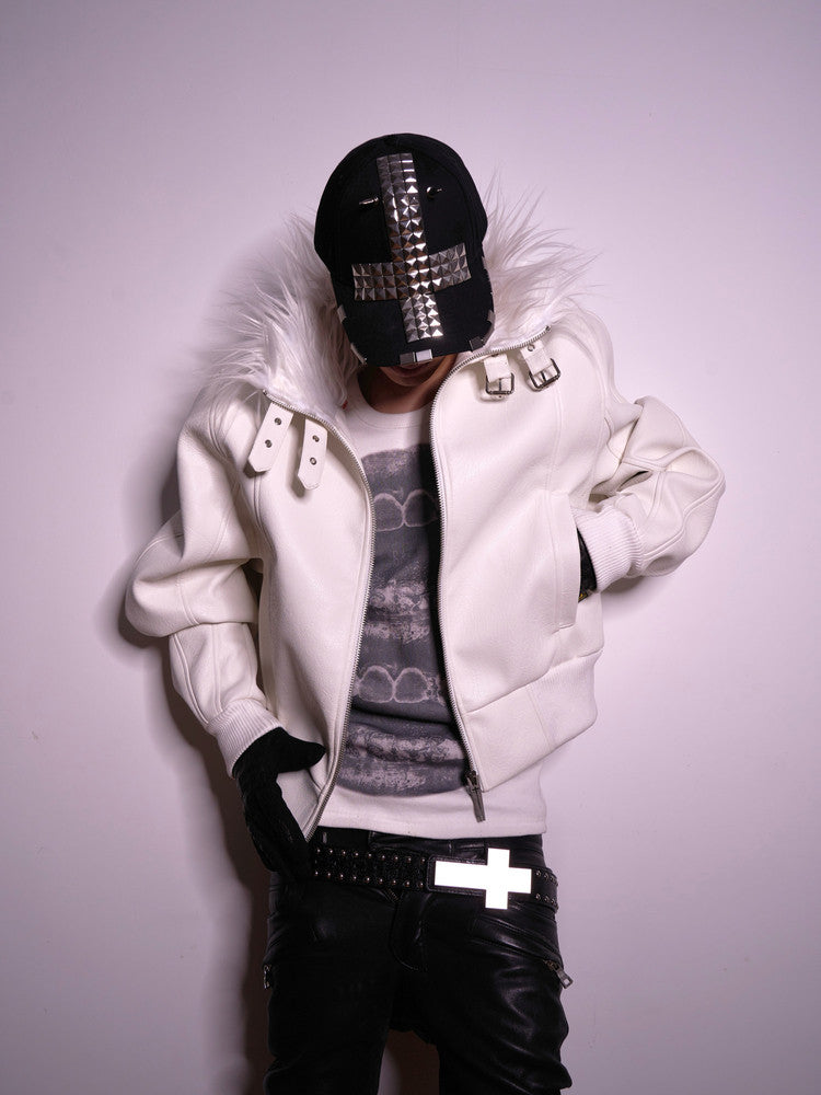 WHITE DEVIL FAUX FUR COLLAR LEATHER JACKET