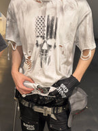 DISTRESSED PRINT RIPPED T-SHIRT