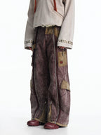VINTAGE IRREGULAR MOTTLED TEXTURE EMBROIDERED MULTI-POCKET PANTS