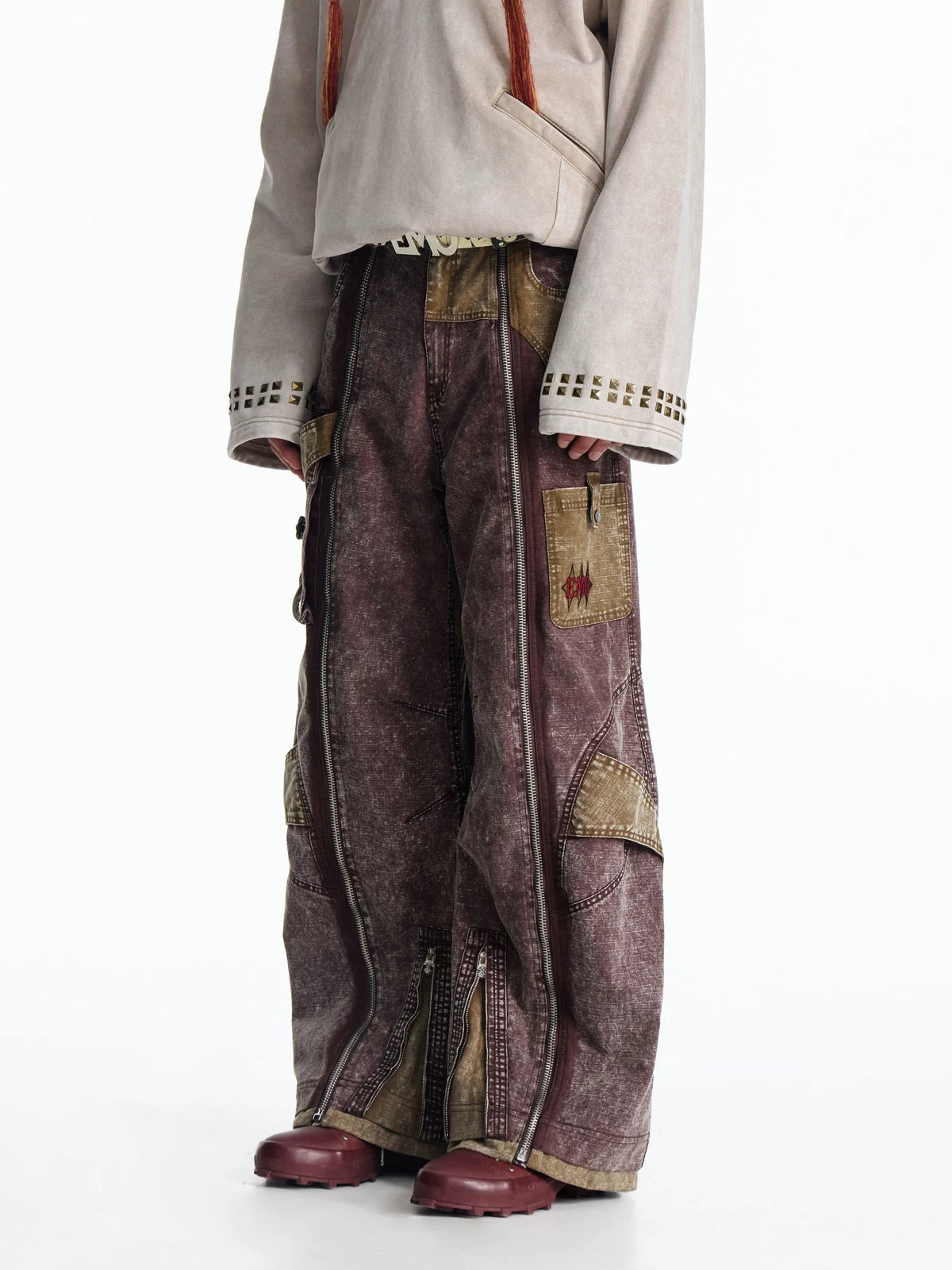 VINTAGE IRREGULAR MOTTLED TEXTURE EMBROIDERED MULTI-POCKET PANTS