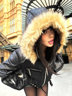 MULTI-ZIPPER REMOVABLE FUR COLLAR CRACKED LEATHER JACKET
