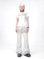 ANGEL DISTRESSED WING PATCH EMBROIDERY FLARE VERSATILE CASUAL JEANS