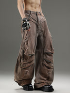 VINTAGE DISTRESSED UNISEX RIPPED WIDE‑LEG CARGO DENIM PANTS