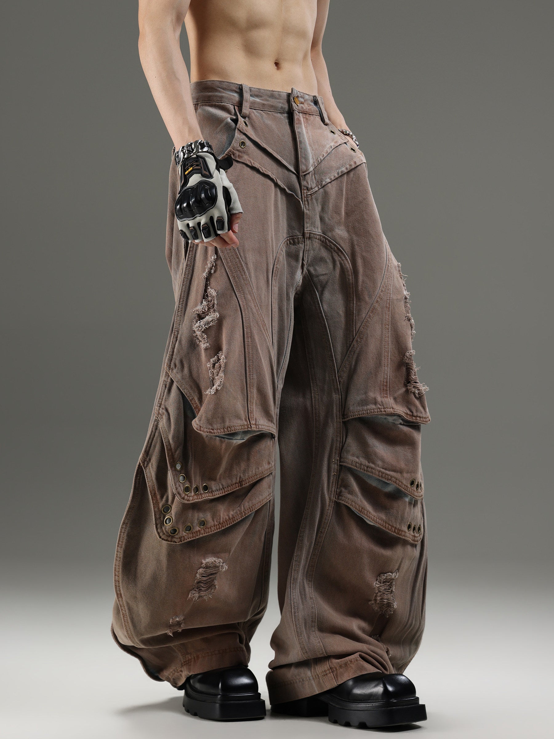 VINTAGE DISTRESSED UNISEX RIPPED WIDE‑LEG CARGO DENIM PANTS