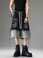 DISTRESSED RAW-EDGE PATCHWORK DENIM SHORTS