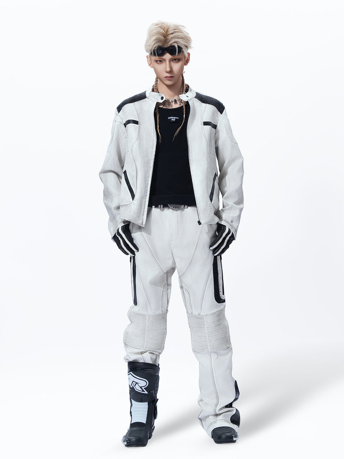 WASHED HIGH‑STREET NICHE SPLICED TECHWEAR LEATHER PANTS