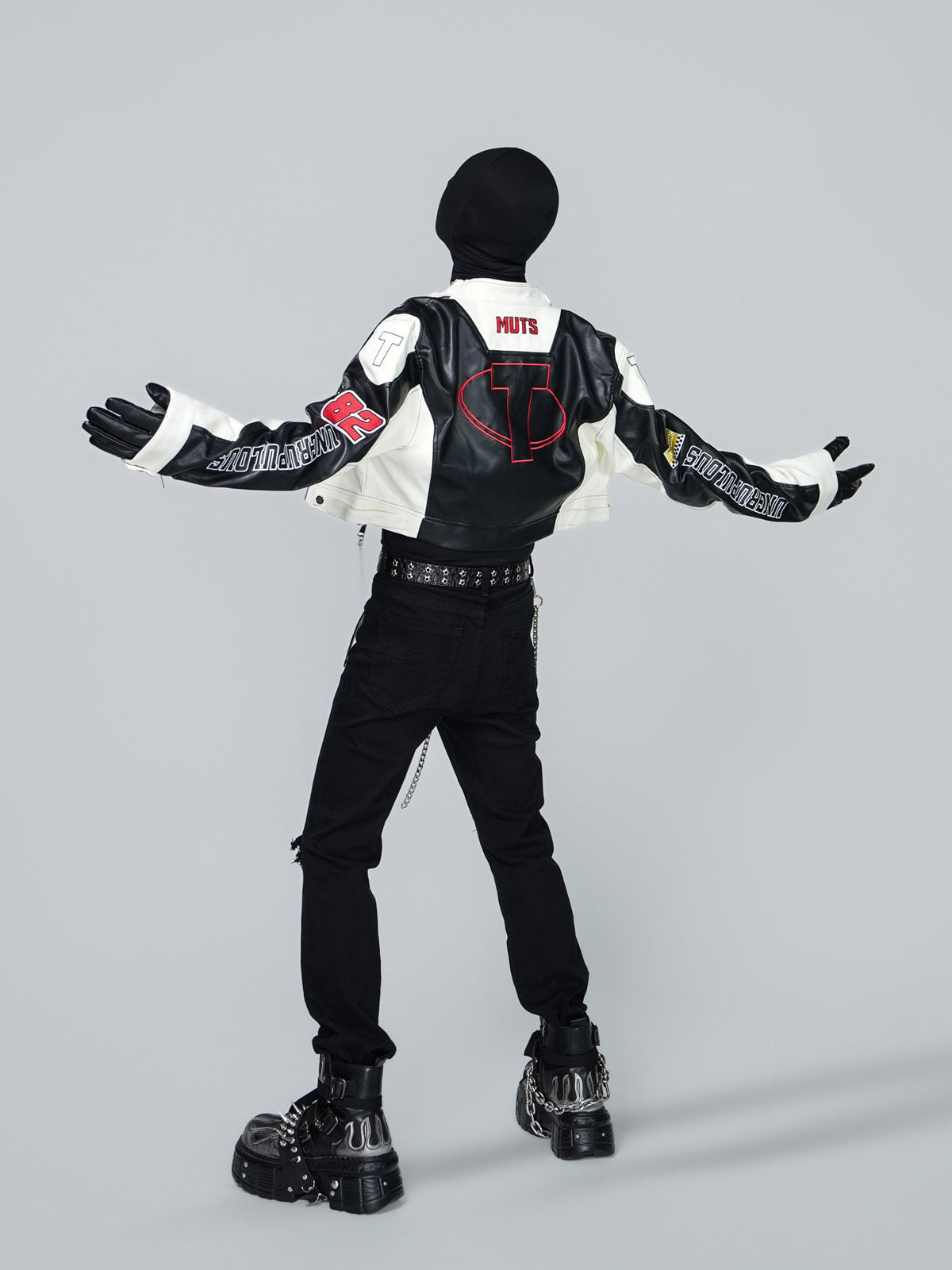 VINTAGE BIKER PU LEATHER EMBROIDERED STAND COLLAR CROPPED RACING JACKET