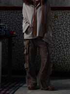 VINTAGE IRREGULAR MOTTLED TEXTURE EMBROIDERED MULTI-POCKET PANTS