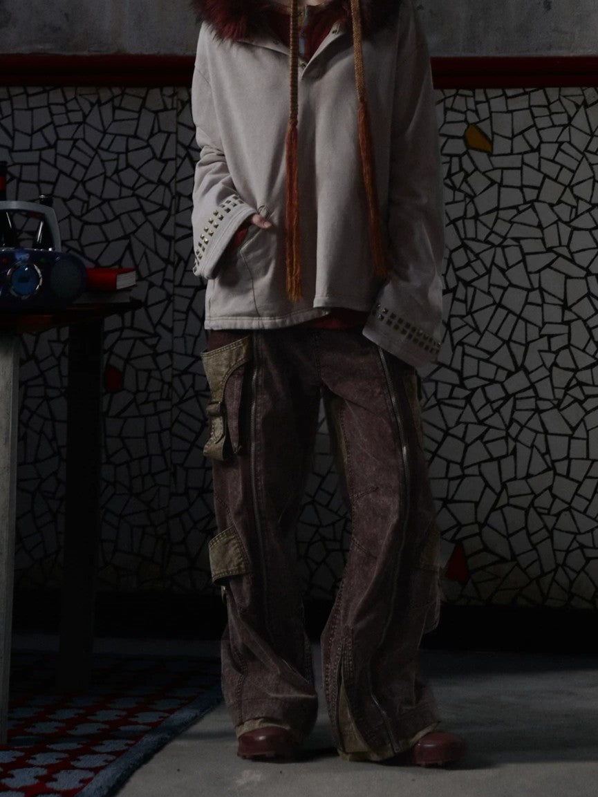 VINTAGE IRREGULAR MOTTLED TEXTURE EMBROIDERED MULTI-POCKET PANTS