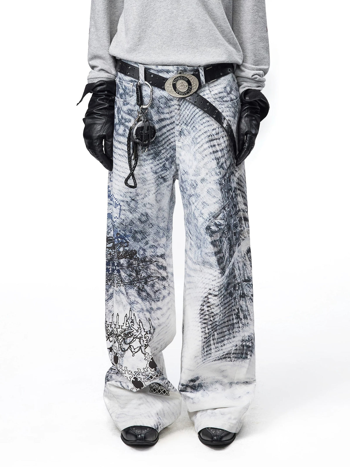 VINTAGE BLIZZARD PRINT BRUSHED TWILL WHITE STRAIGHT LEG DENIM PANTS