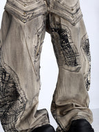 WASTELAND-STYLE SPIDER WEB PRINT DISTRESSED WIDE-LEG JEANS