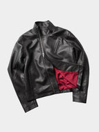 HEAVY‑DUTY DIAGONAL PLACKET DARK HIGH‑COLLAR LEATHER JACKET