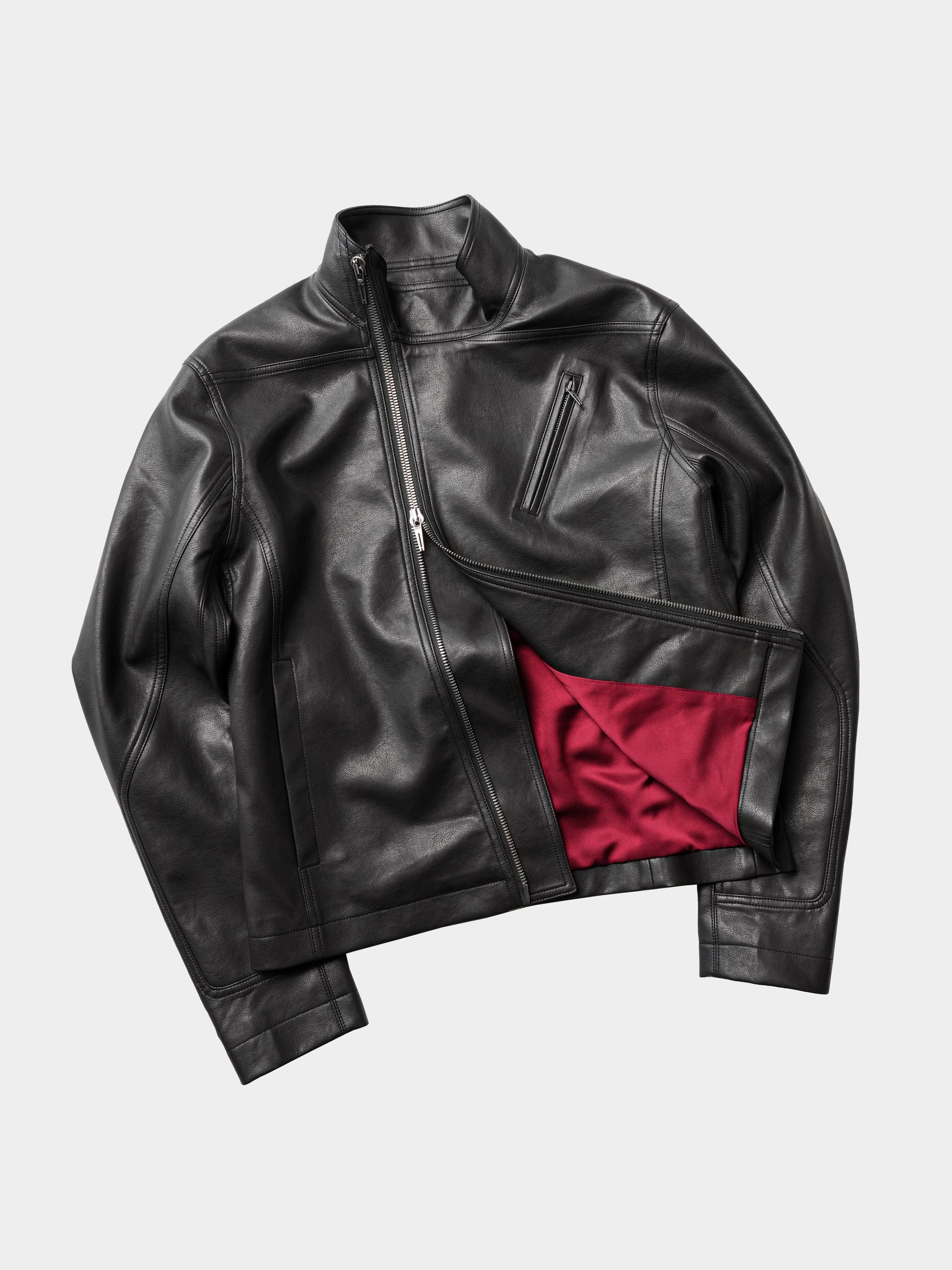 HEAVY‑DUTY DIAGONAL PLACKET DARK HIGH‑COLLAR LEATHER JACKET