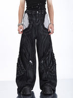 HEAVY-DUTY DRAGON SCALE 3D RAW-EDGE PATCHWORK WASHED JEANS