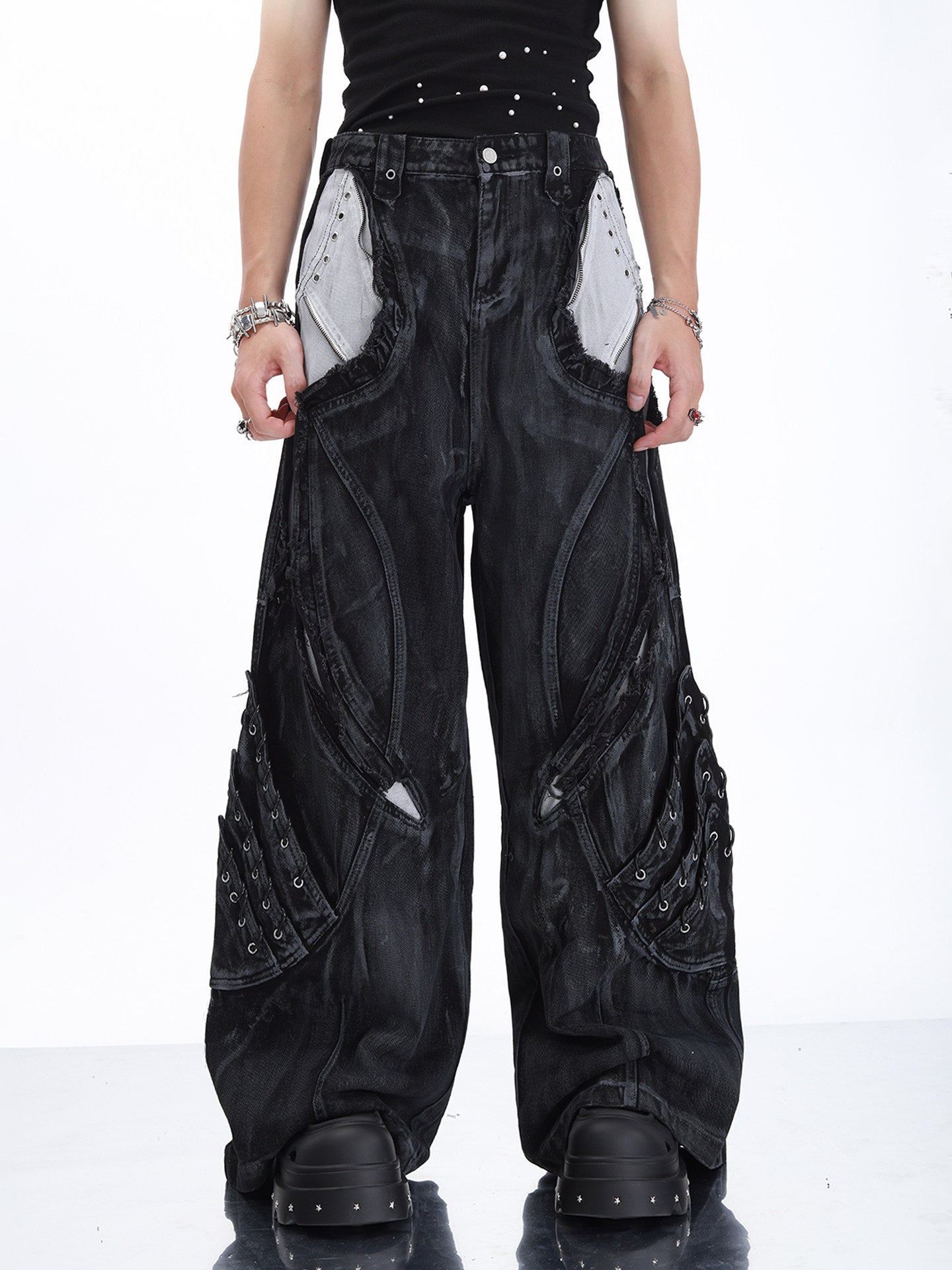 HEAVY-DUTY DRAGON SCALE 3D RAW-EDGE PATCHWORK WASHED JEANS