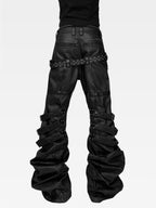 WAXED PATCHWORK STACKED STRAP DOUBLE‑WAIST CURVED SKINNY PANTS