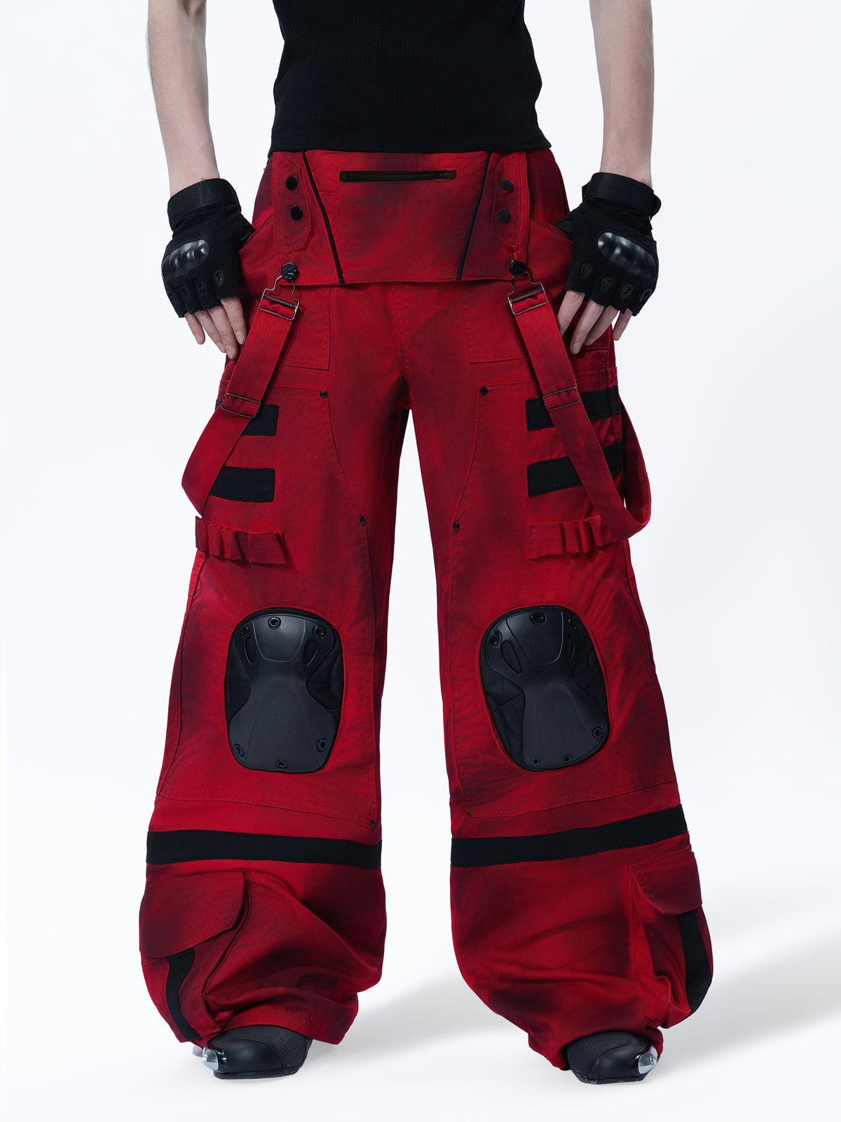 CYBERPUNK STYLE MULTI POCKET CARGO PANTS WITH KNEE GUARD DECOR