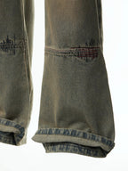 VINTAGE YELLOW MUD DYED DESTROYED MENDED EMBROIDERED STRAIGHT LEG JEANS