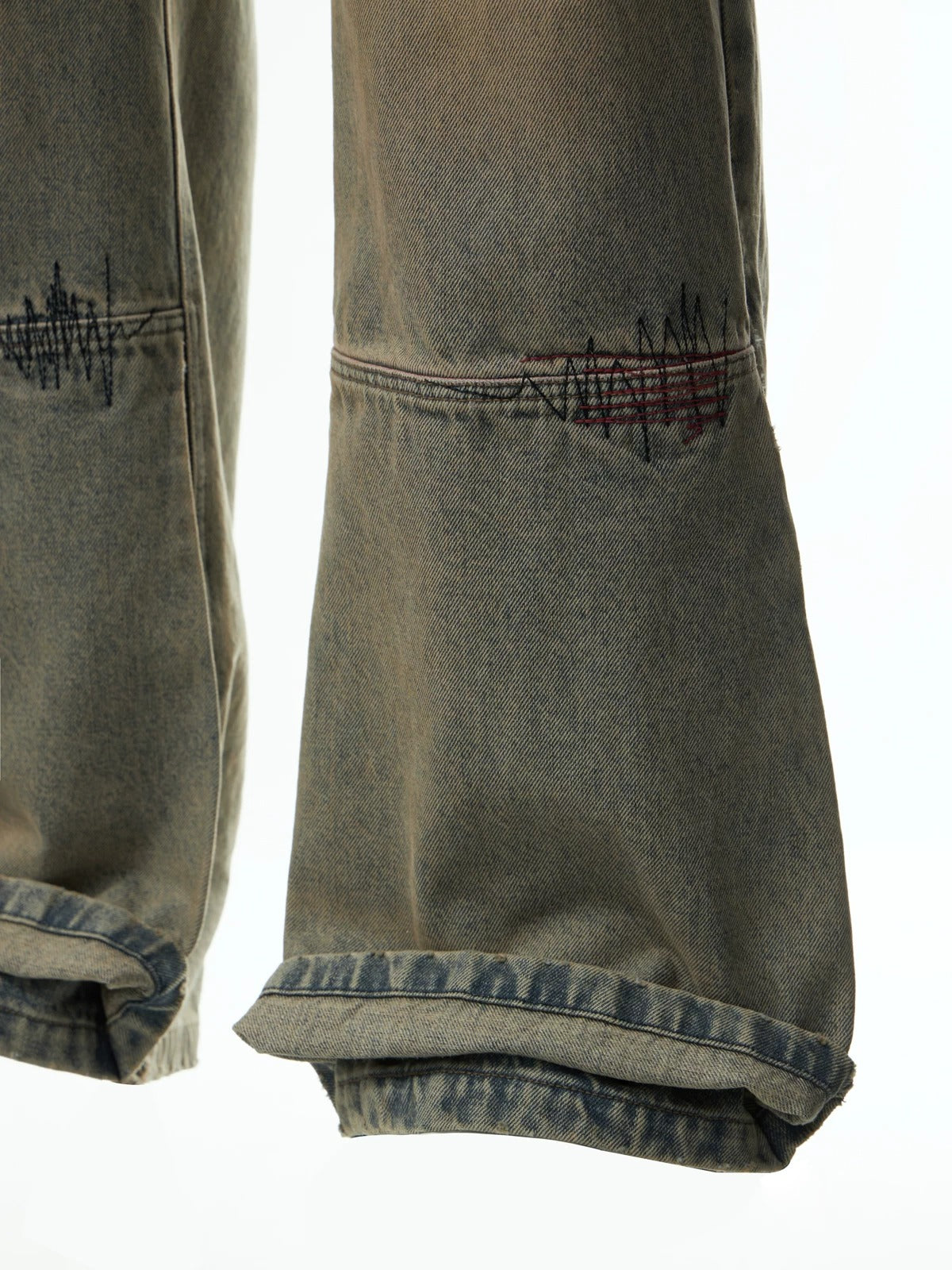 VINTAGE YELLOW MUD DYED DESTROYED MENDED EMBROIDERED STRAIGHT LEG JEANS