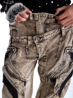 HEAVY-DUTY WASTELAND-STYLE ASYMMETRIC LAYERED DENIM JEANS