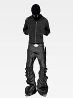 WASHED FAUX LEATHER ARMOR‑SHOULDER MULTI‑POCKET HOODIE