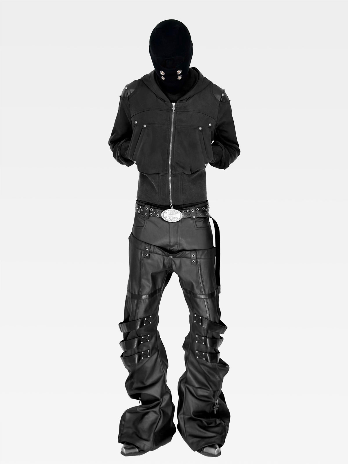 WASHED FAUX LEATHER ARMOR‑SHOULDER MULTI‑POCKET HOODIE