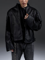 HEAVYWEIGHT ZIPPER OVERSIZED PADDED‑SHOULDER MOTOR LEATHER JACKET