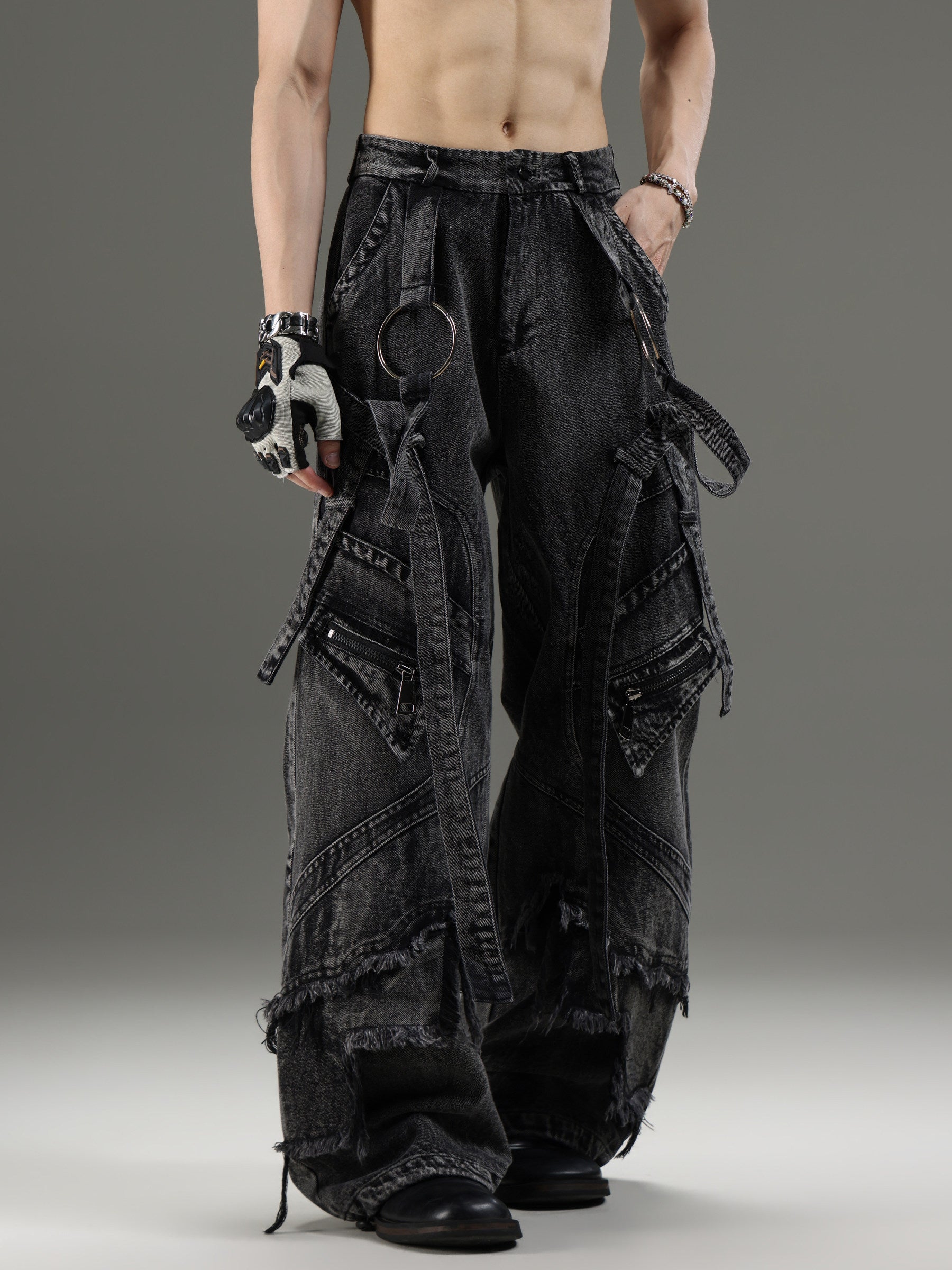 VINTAGE WASHED‑BLACK DENIM UNISEX LOOSE WIDE‑LEG PANTS