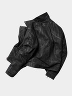 HEAVY‑DUTY WAXED LAPEL COLLAR DUAL‑ZIPPER CROPPED WIDE TWILL BIKER JACKET