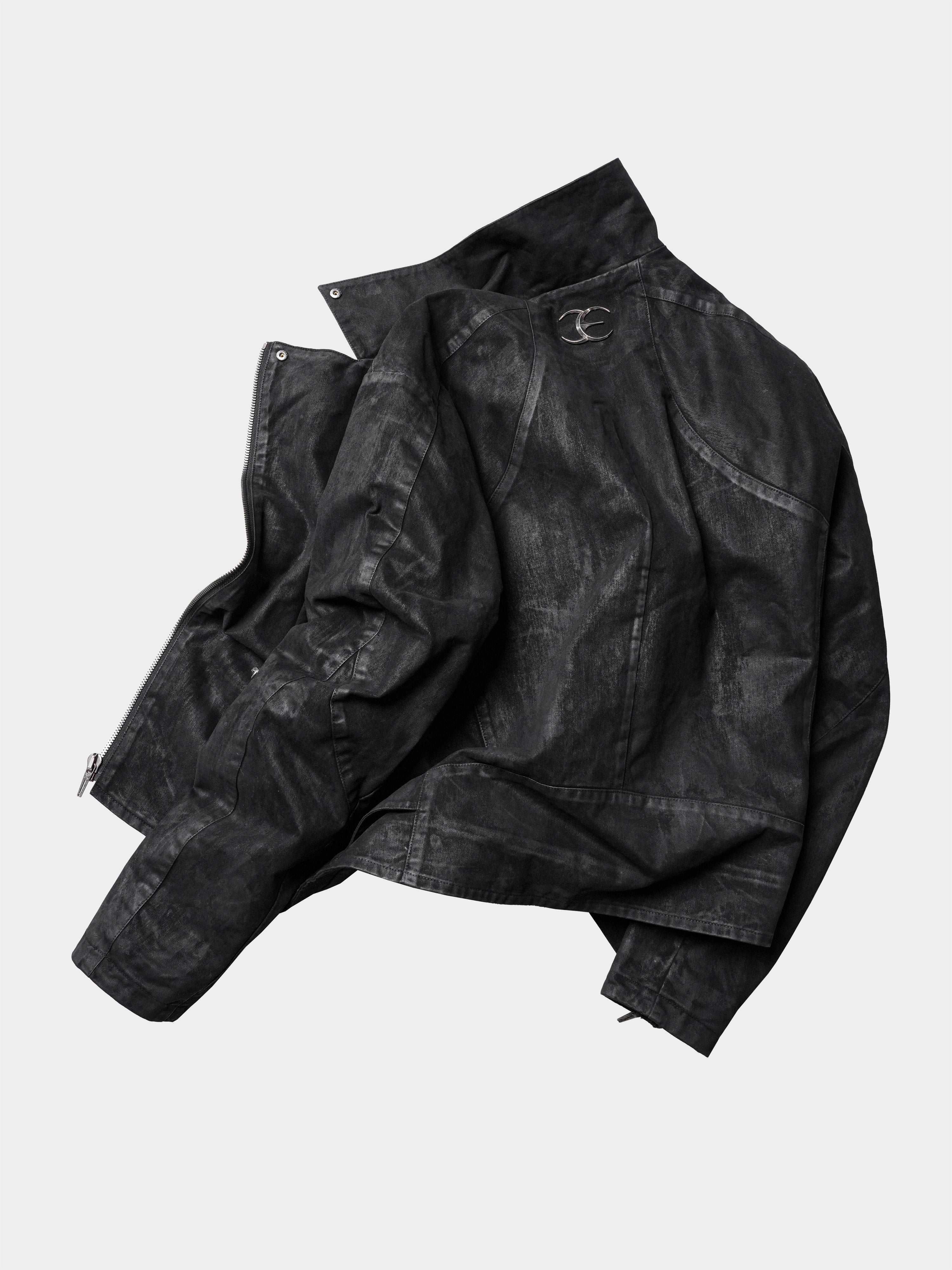 HEAVY‑DUTY WAXED LAPEL COLLAR DUAL‑ZIPPER CROPPED WIDE TWILL BIKER JACKET