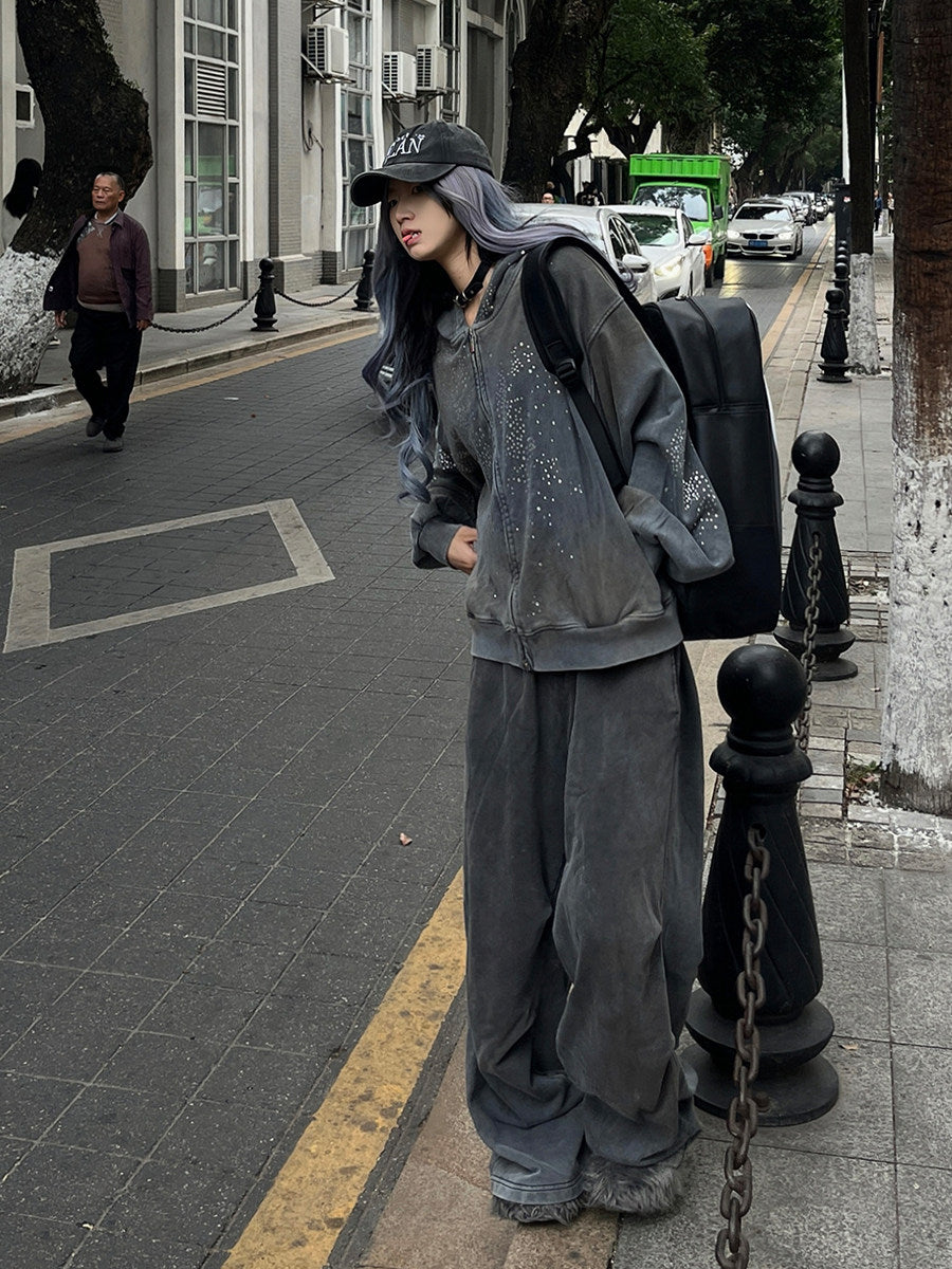 WASHED VINTAGE MUD‑DYED CROPPED OVERSIZED HOODIE