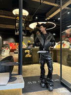 BLACK LIQUID METAL COATED ZIPPER WAXED FLARED PANTS