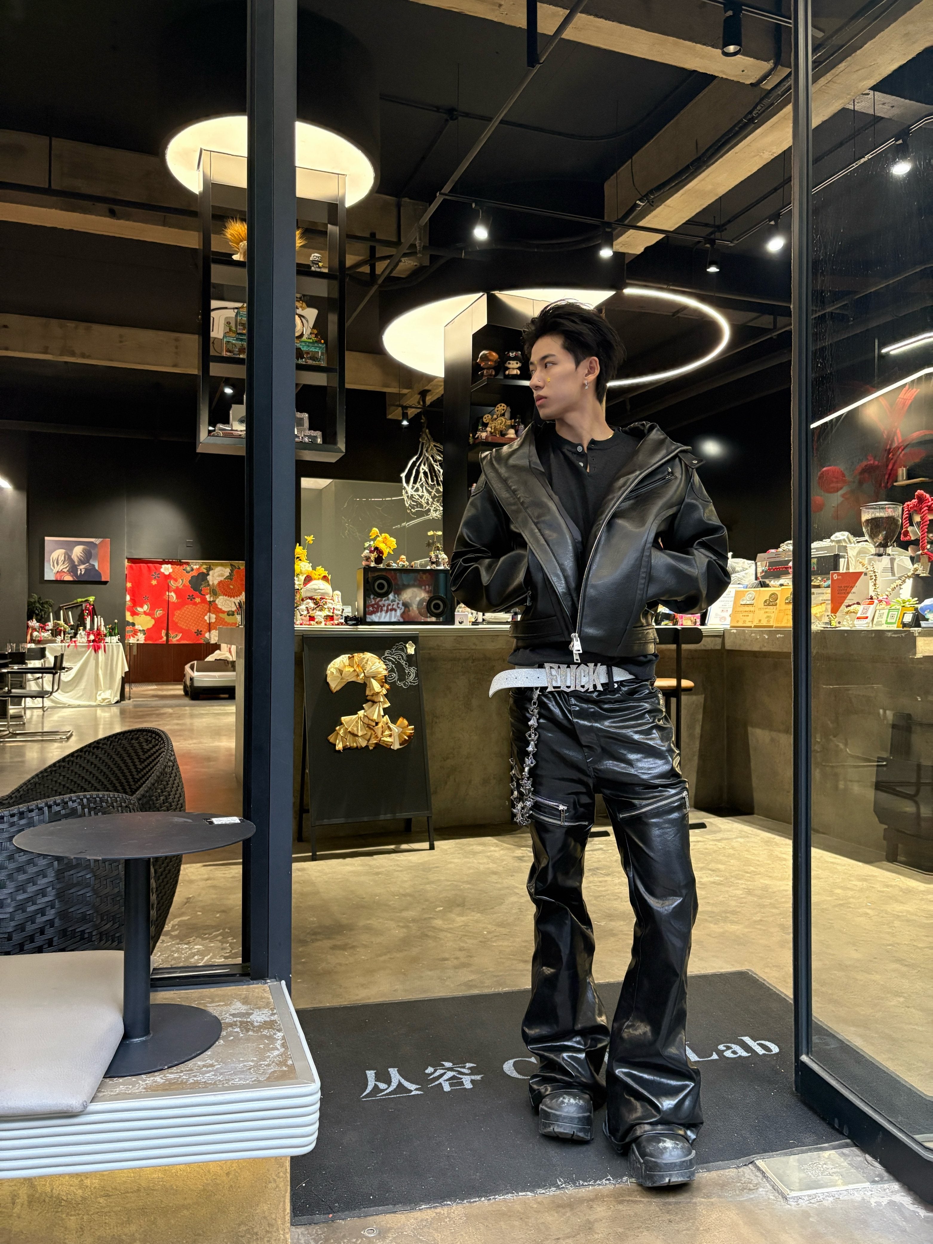 BLACK LIQUID METAL COATED ZIPPER WAXED FLARED PANTS
