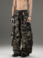 CAMOUFLAGE WIDE-LEG FAUX LAYERED DISTRESSED CARGO PANTS