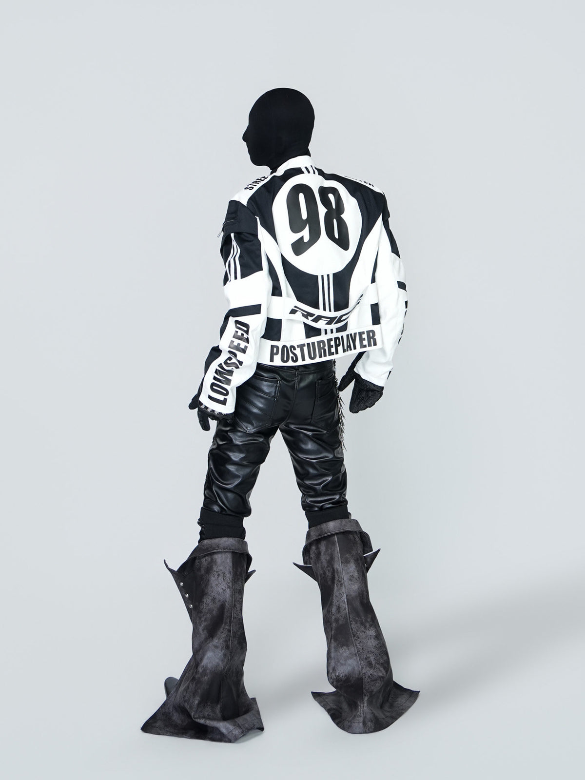 STAND COLLAR SPLICED RACING SUIT SHORT BIKER PU LEATHER JACKET