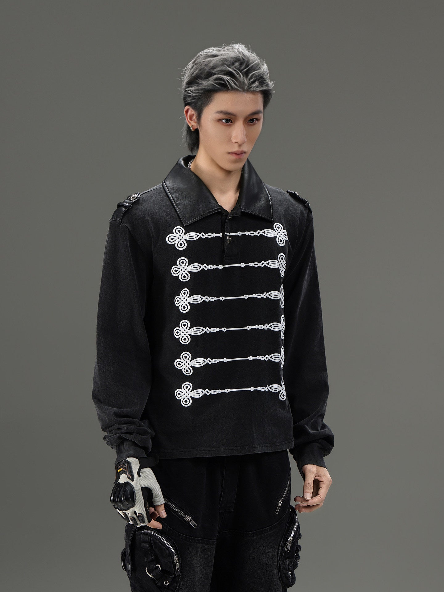 VINTAGE LEATHER LAPEL LONG‑SLEEVE UNISEX POLO SHIRT
