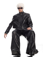 MEN'S BIKER STYLE GRADIENT CROPPED PUNK LEATHER JACKET SET