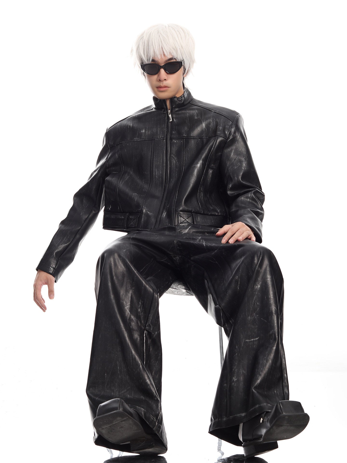 MEN'S BIKER STYLE GRADIENT CROPPED PUNK LEATHER JACKET SET