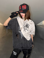 DISTRESSED PRINT RIPPED T-SHIRT