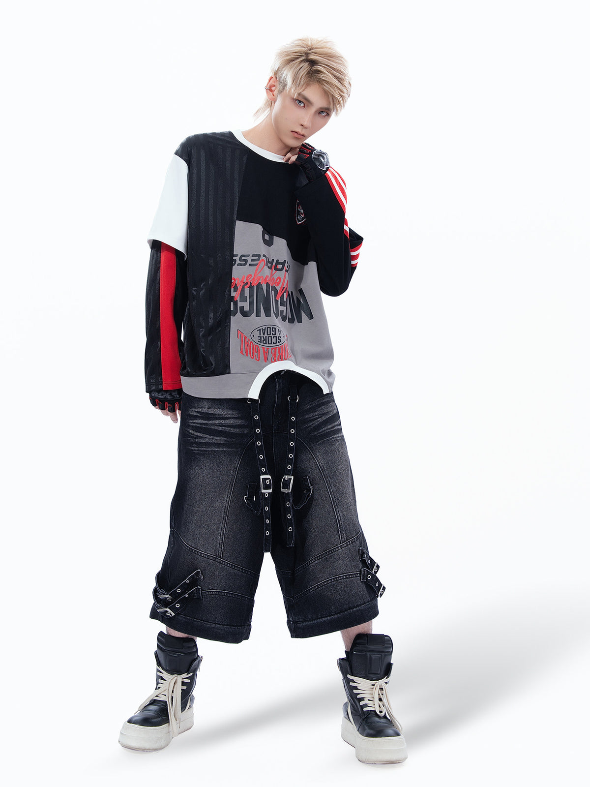 COLOR‑BLOCK IRREGULAR SPLICING DECONSTRUCTED RACING‑STYLE LONG‑SLEEVE