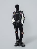 VINTAGE BIKER PU LEATHER EMBROIDERED STAND COLLAR CROPPED RACING JACKET