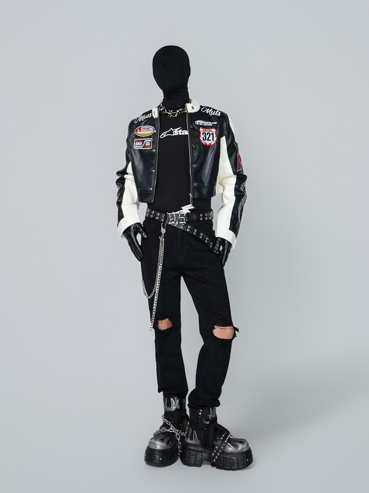 VINTAGE BIKER PU LEATHER EMBROIDERED STAND COLLAR CROPPED RACING JACKET