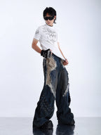 HEAVY-DUTY DRAGON SCALE 3D RAW-EDGE PATCHWORK WASHED JEANS