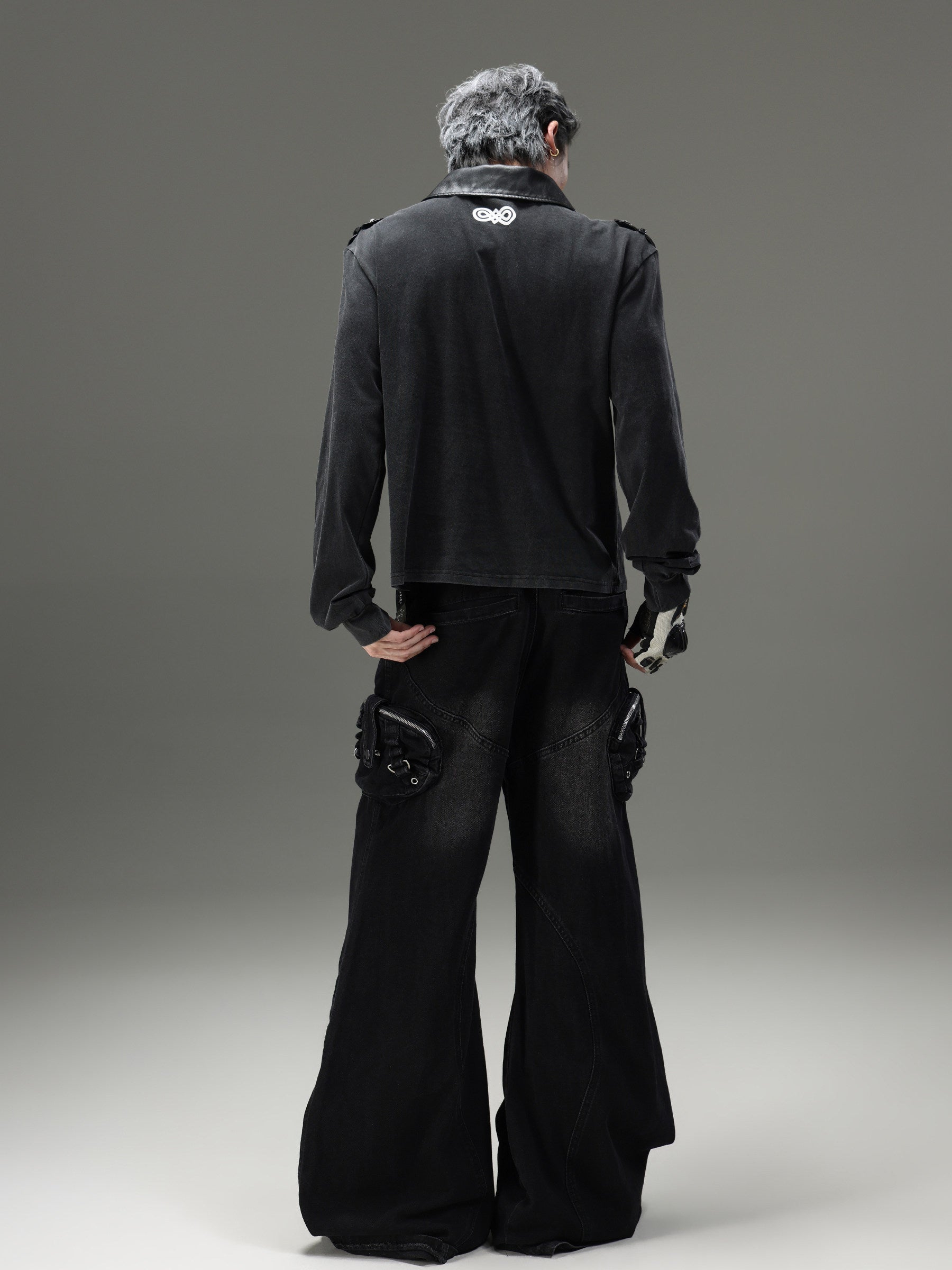 VINTAGE LEATHER LAPEL LONG‑SLEEVE UNISEX POLO SHIRT