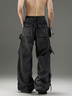 VINTAGE WASHED‑BLACK DENIM UNISEX LOOSE WIDE‑LEG PANTS