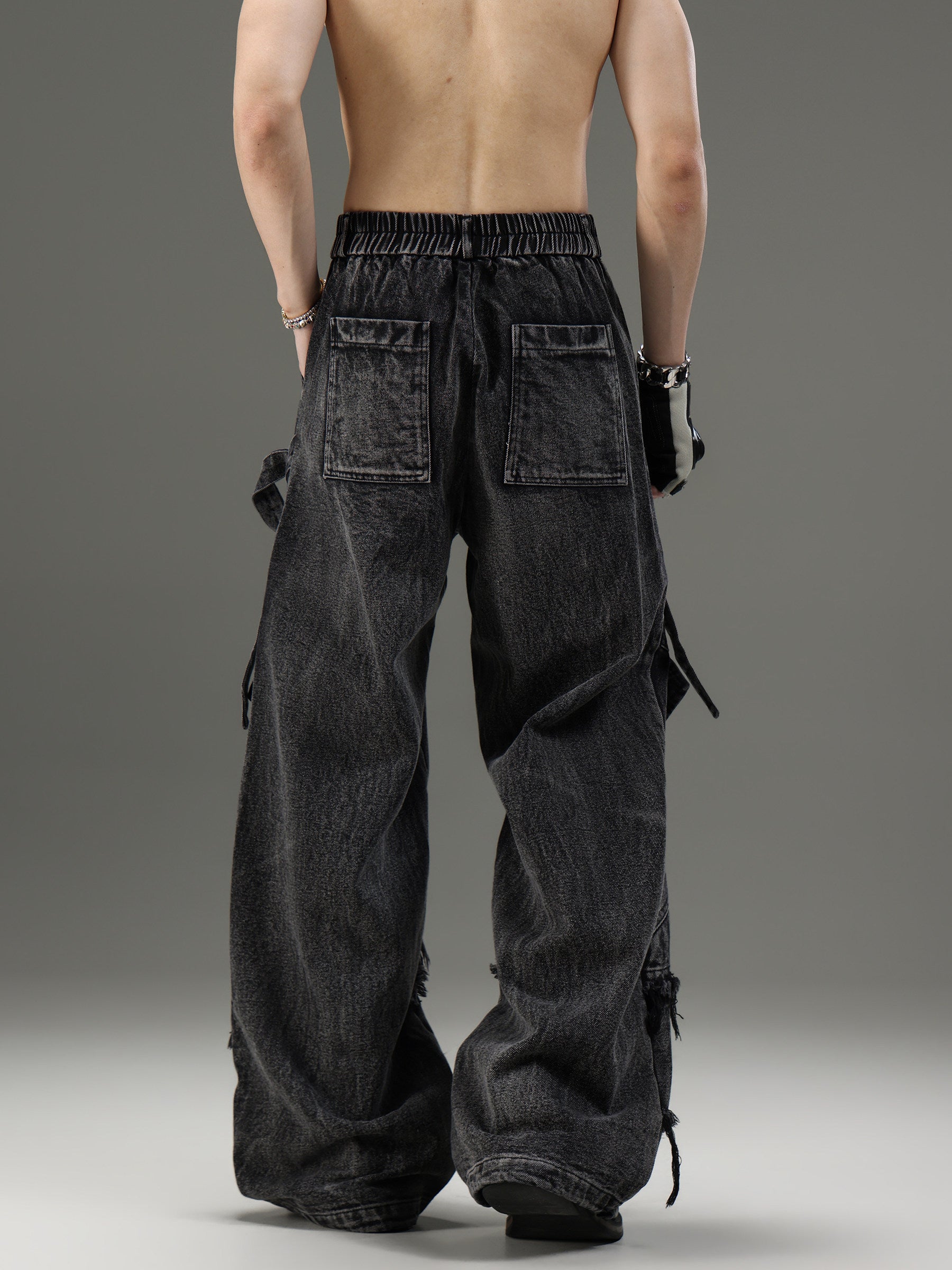 VINTAGE WASHED‑BLACK DENIM UNISEX LOOSE WIDE‑LEG PANTS