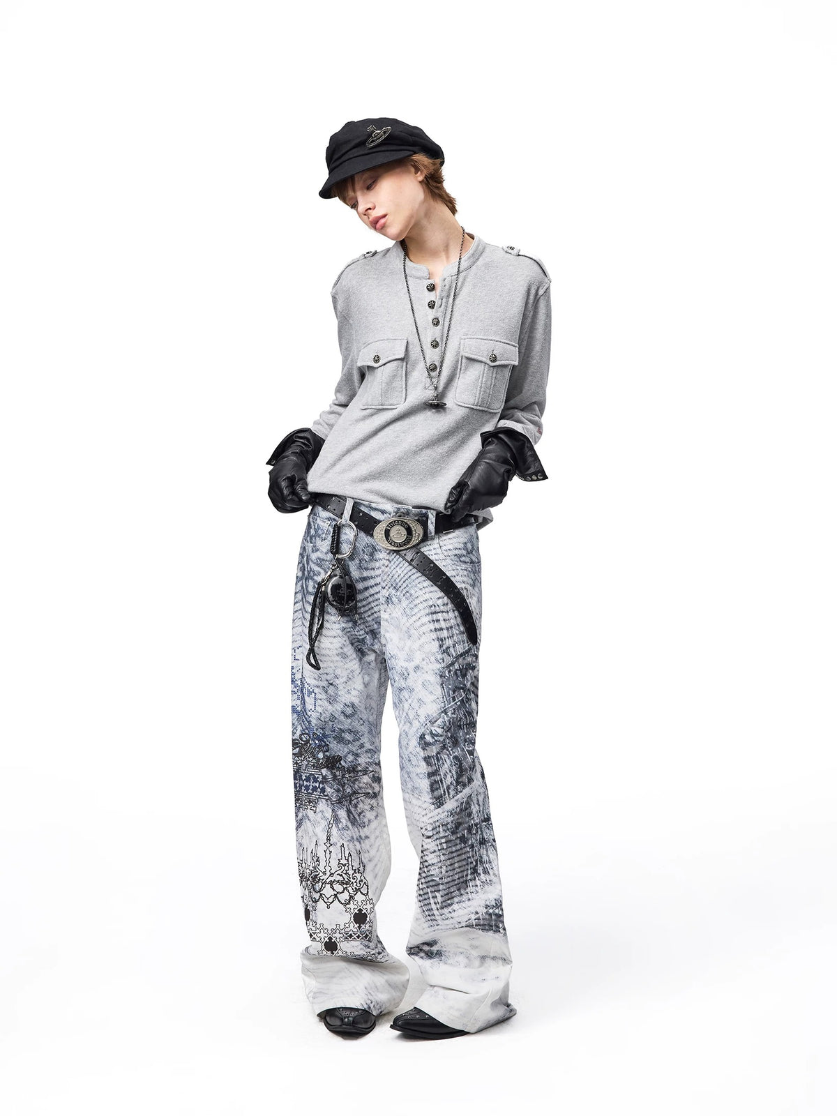 VINTAGE BLIZZARD PRINT BRUSHED TWILL WHITE STRAIGHT LEG DENIM PANTS