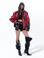 BIKER PU LEATHER COLLAR CROPPED RACING JACKET