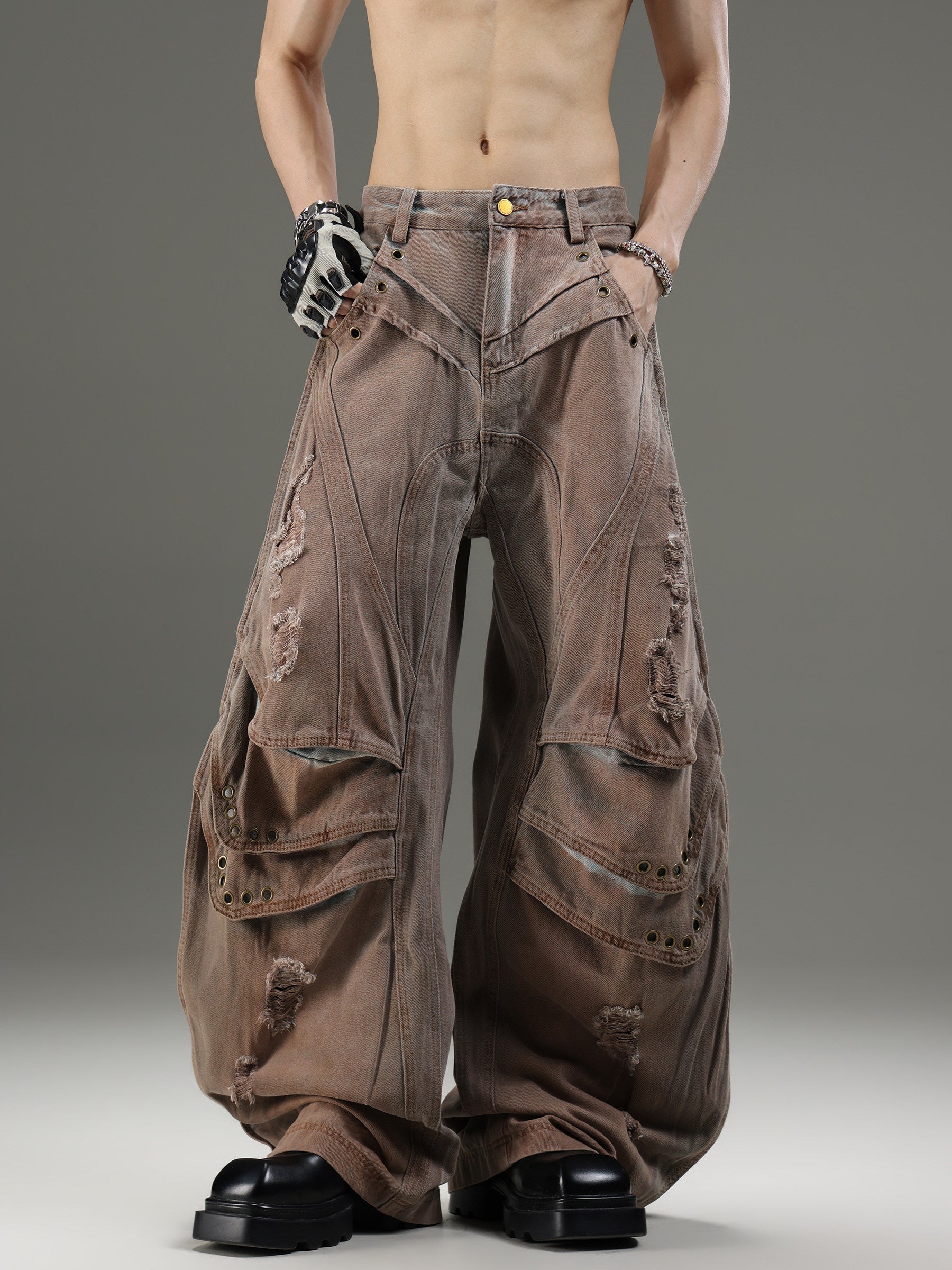 VINTAGE DISTRESSED UNISEX RIPPED WIDE‑LEG CARGO DENIM PANTS