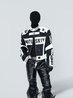 STAND COLLAR SPLICED RACING SUIT SHORT BIKER PU LEATHER JACKET